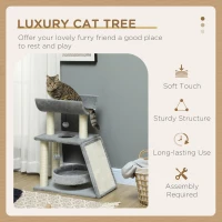 PawHut Small Cat Tree with Perch, Scratching Posts, Pad, Bed, Toy Balls, Light Grey(m-4)