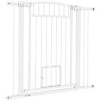 PawHut 30"-41" Extra Wide Walk Through Dog Gate w/ Cat Door, 3-Inch & 5.5-Inch Extension Kits, 37" High(m-1)