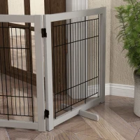 PawHut Wooden Dog Gate for Small & Medium Dogs 4 Panel w/ Support Feet Foldable Pet Fence for House Doorway Light Grey(m-9)