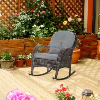 Outsunny Outdoor Rocking Chair with Seat and Back Cushion, Outdoor PE Rattan Garden Chair with Curved Armrests, for Porch, Backyard, Poolside, Grey(m-8)