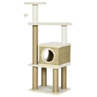 PawHut Modern Cat Tree with Scratching Posts and Rattan Cat House, Small Cat Tower for Indoor Cat Furniture, Beige(m-11)