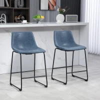 HOMCOM Counter Height Bar Stools Set of 2, Vintage PU Leather Bar Chairs, Kitchen Stools w/ Footrest for Home Bar, Blue(m-1)