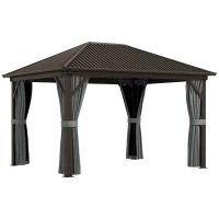Outsunny 10' x 12' Hardtop Gazebo with Galvanized Steel Roof, Metal Canopy with Top Hook, Netting and Curtains, Dark Gray(m-11)