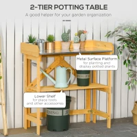 Outsunny Outdoor Garden Potting Bench Table Foldable Work Bench w/ Open Shelf Metal Tabletop Natural Wood Frame 33.5"x17.25"x35" Yellow(m-4)