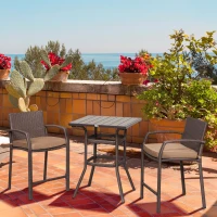Outsunny 3 PCS Rattan Wicker Bar Set with Wood Grain Top Table and 2 Bar Stools for Outdoor, Patio, Poolside, Garden, Brown(m-10)