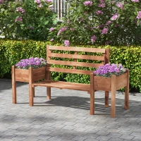 Outsunny Wood Outdoor Bench with Planter Boxes 2-Seater Garden Bench with Slat Seat and Back Dark Brown(m-1)