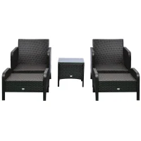 Outsunny 5 Pieces Rattan Wicker Lounge Chair Outdoor Patio Conversation Set with 2 Cushioned Chairs, 2 Ottomans and Tempered Glass Top Coffee Table, Brown/Blue(m-7)