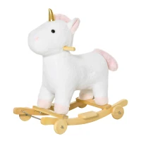Qaba 2 in 1 Kids Rocking Horse, Rolling Unicorn with Sound, Wooden Base, Pedal, Grip Handle, for 3-6 Years Old, White(m-1)