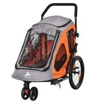 Aosom Dog Bike Trailer 2-In-1 Pet Stroller Cart Bicycle Wagon Cargo Carrier Attachment for Travel with 360 Swivel Wheel Reflectors Parking Brake Straps Cup Holder Orange(m-11)