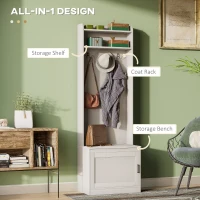 HOMCOM Narrow Hall Tree with Shoe Storage Bench, Rustic Entryway Bench with Coat Rack, Accent Coat Tree with Storage Shelves for Hallway, Mudroom, White Wood Grain(m-4)