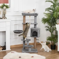PawHut Cat Tree, 47 Inches Multi-Level Cat Tower with Scratching Post, Hammock, Cat Condo, Perch, Toy Ball, Tall Cat Tree for Indoor Cat, Grey(m-1)