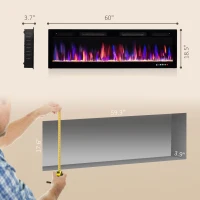 HOMCOM 60" Electric Fireplace Recessed and Wall Mounted, 1500W Ultra-thin with Adjustable Flame, Crystal, Black(m-3)