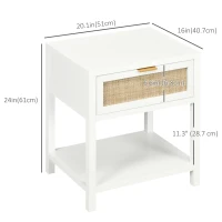 HOMCOM Boho Nightstand, Bedside Table with Rattan Drawer and Open Shelf, Side End Table for Bedroom, Living Room(m-3)