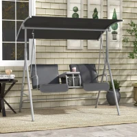 Outsunny 2-Seater Outdoor Porch Swing with Canopy and Table, Patio Swing Chair for Garden, Poolside, Backyard, Gray(m-2)