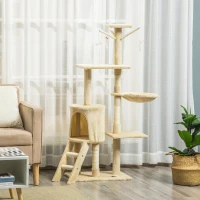 PawHut 53" Cat Tree Tower, Kitten Activity Centre with Scratching Posts, Condo, Perches, Ladder, Hammock, Dangling Toys, Beige(m-8)