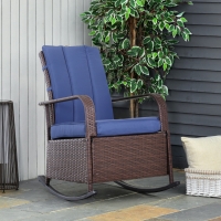 Outsunny Outdoor Wicker Rocking Chair with Cushion, Patio PE Rattan Recliner Chair with Adjustable Footrest, Armrests, Dark Blue