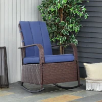 Outsunny Outdoor Wicker Rocking Chair with Cushion, Patio PE Rattan Recliner Chair with Adjustable Footrest, Armrests, Dark Blue(m-1)