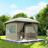 Outsunny 11' x 11' Outdoor Gazebo, Double Roof Patio Gazebo with Curtains, Church Windows, Galvanized Steel Frame, Light Gray(m-8)