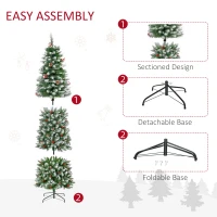 HOMCOM 7.5 ft Snow-Dipped Pencil Christmas Tree Pre-Lit Holiday Decoration with LED Lights Pine Cones Red Berries Green(m-9)