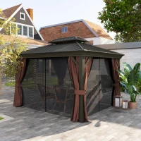 Outsunny 10' x 12' Outdoor Hardtop Gazebo with Galvanized Canopy & Netting Sidewalls for Lawn, Backyard, Dark Brown(m-9)