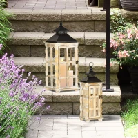 HOMCOM 2 Pack 31"/21" Large Rustic Lantern Decorations, Hanging Wooden Metal Indoor Covered Outdoor Lantern for Home Decor (No Glass), Black and Distressed Natural Wood Color(m-7)