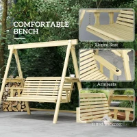Outsunny 3 Seat Wooden Porch Swing with Stand, Patio Swing with Side Tables, for Garden, Poolside, Backyard, Natural Wood(m-7)