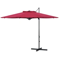 Outsunny 10 FT Cantilever Umbrella, Aluminum Hanging Offset Umbrella with 360°Rotation, Crank, Tilt, Cross Base, Red(m-2)