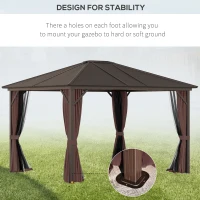 Outsunny 10' x 12' Hardtop Gazebo with Curtains and Netting, Permanent Pavilion Metal Single Roof Gazebo Canopy with Aluminum Frame and Hooks, for Garden, Patio, Backyard, Coffee Brown(m-6)