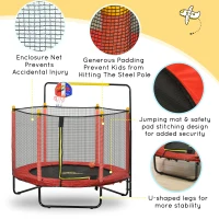 Qaba Kids Trampoline with Net, Basketball Hoop, Horizontal Bar Indoor, Red(m-5)