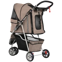 PawHut Cat Stroller, 3 Wheels Foldable Dog Stroller with Storage Basket, Brake, Adjustable Canopy, Cupholders, Pet Stroller for Miniature and Small Dogs Travel, Coffee(m-10)