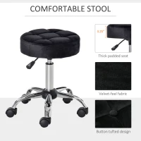 HOMCOM Round Rolling Stool with Height Adjustable Lift, Vanity Chair with Luxury Style Upholstery, Office Chair with Swivel Seat and Wheels for Work Spa Salon, Black(m-6)