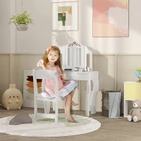 Qaba Kids Vanity Set, Dual-Use Dressing Table with Removable Tri-Folding Mirror and Drawer, for Ages 3-8, White(m-1)
