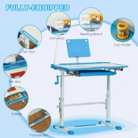 Qaba Kids Desk and Chair Set, Height Adjustable School Study Table and Chair, Student Writing Desk with Tilt Desktop, LED Light, Pen Box, Drawer, Reading Board, Cup Holder, and Pen Slots, Blue(m-7)