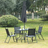 Outsunny 5 Pieces Patio Table and Chairs, Outdoor Dining Set with 4 Folding Chairs, Glass Tabletop and Parasol Hole, Black(m-8)