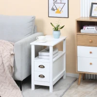 HOMCOM Slim End Table with 2 Drawers and Storage Shelf, Sofa Side Table for Living Room, Narrow Nightstand, White(m-8)