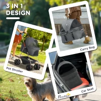 PawHut 3 in 1 Pet Stroller with Detachable Carrier, Foldable Dog Stroller with Storage Basket, Cupholder, for Mini Dogs, Gray(m-4)