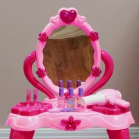 Qaba Kids Vanity Set with Mirror and Stool, Light and Sound, 15 Accessories, Pink(m-9)