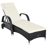 Outsunny Wicker Outdoor Chaise Lounge, 5-Level Adjustable Backrest PE Rattan Pool Lounge Chair with Wheels, Cushion & Headrest, Dark Coffee and Cream White(m-1)