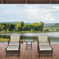 Outsunny 5-Piece PE Wicker Patio Furniture Set, Conversation Set with Outdoor Ottomans, Table & Chairs, Small Balcony Furniture for Apartments, Steel, Cream White(m-10)