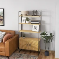 HOMCOM 4-Tier Bookshelf with Double Door Cabinet, Industrial Bookcase, Shelving Unit with Open Shelves and Metal Frame for Living Room, Oak(m-8)