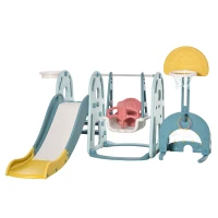 Qaba 5 in 1 Toddler Slide and Swing Set with Adjustable Seat Height and Basketball Hoop, Ring Toss Game, Freestanding Kids Climber Slide Playset with Basket Ball for Indoor Playground 18-60 Months(m-1)