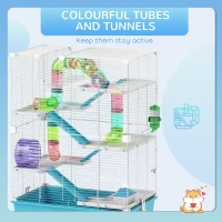 PawHut 6 Tier Hamster Cage w/ Tunnels and Tubes, Hut, Wheel, Food Dish, Water Bottle, Ramps, for Dwarf & Gerbil, Light Blue(m-5)