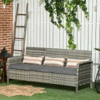 Outsunny 3-Seater Wicker Sofa, PE Rattan Outdoor Couch Conversation Furniture with Removable Cushions for Patio, Garden, Grey(m-8)