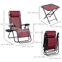 Outsunny Zero Gravity Chair Set of 2 Patio Chair with Side Table Cupholders and Pillows for Pool, Backyard, Lawn, Beach, Red(m-3)