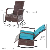 Outsunny Outdoor Wicker Rocking Chair Patio PE Rattan Recliner Chair with Cushion, Adjustable Footrest, Armrests, Turquoise(m-3)