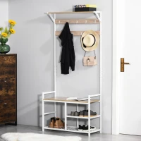 HOMCOM 3-in-1Hall Tree Entryway Coat Rack Shoe Bench with 9 Hanging Hooks, 3-Tier Storage Shelves, Multifunctional Hallway Organizer Natural/White(m-2)