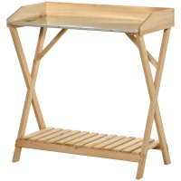 Outsunny Garden Potting Bench Table, Wooden Work Station, Outdoor Planting Workbench w/ Galvanized Metal Tabletop and Storage Shelf(m-11)