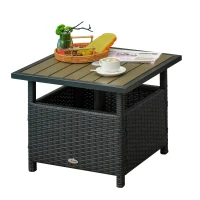 Outsunny 22" Outdoor Side Table with Umbrella Hole, Rattan Wicker End Table with Sand Bag and Steel Frame for Outdoor, Patio, Garden, Backyard, Black & Tan(m-11)