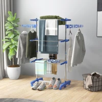 HOMCOM 3-Tier Foldable Clothes Drying Rack, Stainless Steel Laundry Rack with 2 Side Wings and 6 Castors, Collapsible Adjustable Clothes Airer for Indoor Outdoor, Blue(m-8)