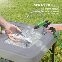 Outsunny Folding Fish Cleaning Table with Sink, Portable Camping Table with Faucet, Drainage Hose, Sprayer and Shelf, Gray(m-5)